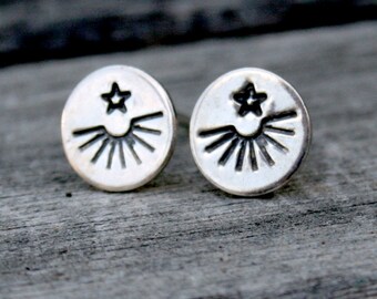 Sterling Silver Hand Stamped Round Post Earrings - Sun Burst and Star