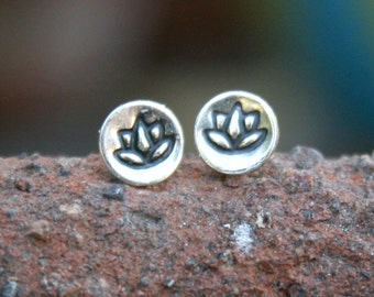 Sterling Silver Tiny Round Post Earrings - Lotus