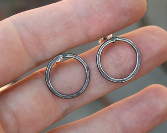 Sterling Silver Post Earrings - Rustic Oxidized Hoops