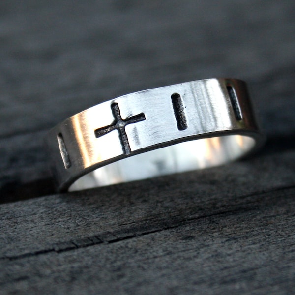 Personalized Hand Stamped Sterling Silver Ring -  Rosary Cross Hail Mary Band