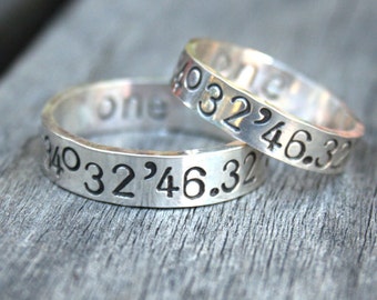 Latitude Longitude Ring Set - Personalized Hand Stamped Sterling Silver Rings - Custom Coordinates GPS - Couples Ring Set - Wedding Ring Set