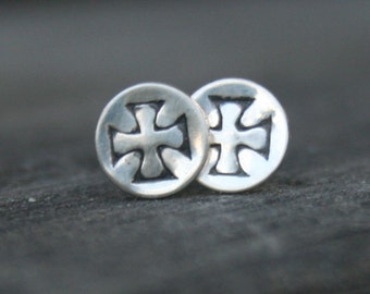 Sterling Silver Round Post Earrings - Iron Cross Studs