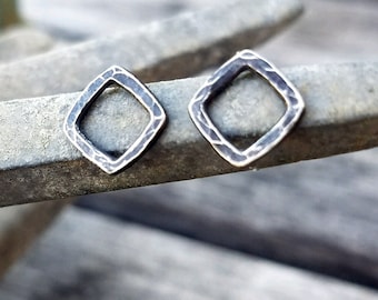 Sterling Silver Post Earrings - Hammered Square Studs