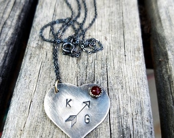 Cupid Heart Initial Necklace - Heart Initial Pendant - Custom Arrow Pendant - Stone Pendant