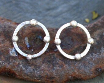 Sterling Silver Post Earrings - Rustic Hoops with Balls