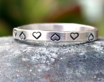 Simple Thin Sterling Silver Band - Hearts - Personalized Hand Stamped Ring