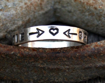 Personalized Hand Stamped Sterling Silver Ring - Custom Silver Ring- Love Struck Arrow and Heart Ring