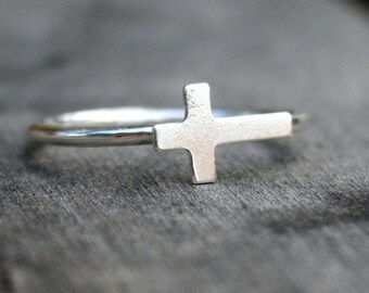 Sterling Silver Stacking Ring with Sideways Cross