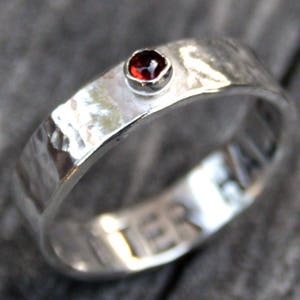 Personalized Hand Stamped Sterling Silver Stone Ring - Custom Band with Garnet Stone