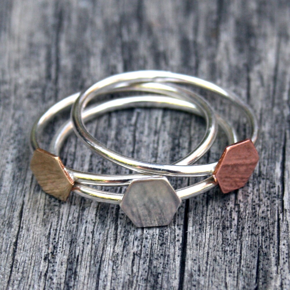 Stacking Ring Set - Three Mixed Metal Hexagon - Geometric Rings - Etsy