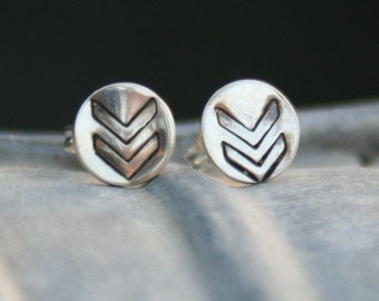 Sterling Silver Round Post Earrings - Chevron Symbol