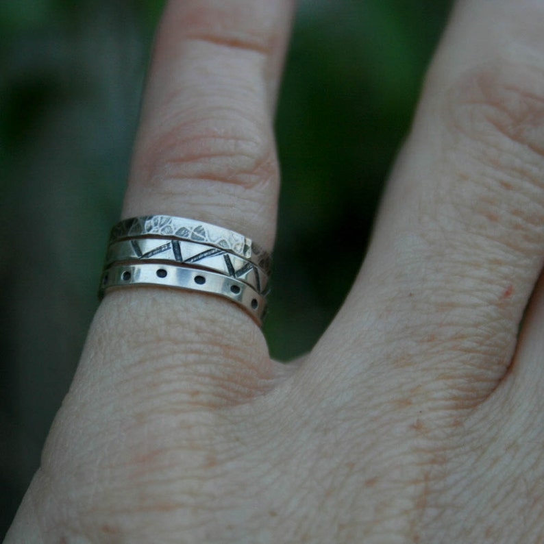 stack ring - etsy Images High Quality Grahic Sterling Silver Stack Ring Set Hand Stamped Designs - Etsy