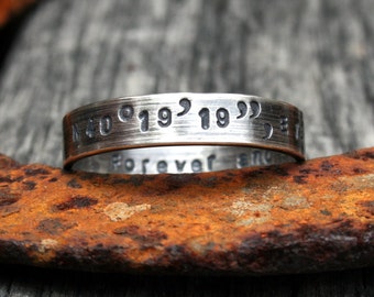 Personalized Hand Stamped Sterling Silver Ring - Latitude Longitude Custom Coordinates Memento Band w/ Small Print