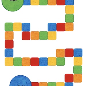 May include: A vibrant board game design featuring a meandering route composed of square spaces in yellow, green, blue, red, and orange. The path starts at a green circle marked "Start" and concludes at a blue circle labelled "Finish".