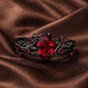 Ruby Red Crystal Ring, Black Gothic Engagement Ring, Vintage Vine Solitaire Ring, Anniversary Gift for Her