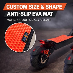 May include: Two black electric scooters featuring bright orange anti-slip EVA mats on the foot decks. The text CUSTOM SIZE & SHAPE ANTI-SLIP EVA MAT WATERPROOF & EASY CLEAN is visible. A circular inset shows the textured orange mat with an EVAWAY label.