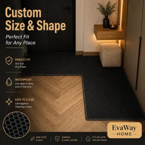 May include: An L-shaped black floor mat with a textured honeycomb pattern. The image includes text: Custom Size & Shape, Perfect Fit for Any Place, Perfect Fit, Waterproof, Easy to Clean, Non-Toxic & Safe, Durable & Long-Lasting, Stylish Look, EvaWay Home.