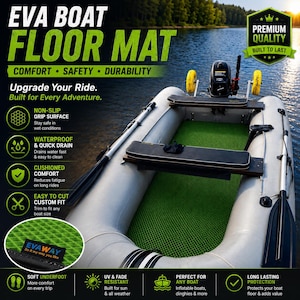 May include: A bright green EVA foam boat floor mat with a textured, non-slip honeycomb surface. The mat is installed inside a grey inflatable boat. A small black label with the text EVAWAY is visible on the corner of the green mat material.
