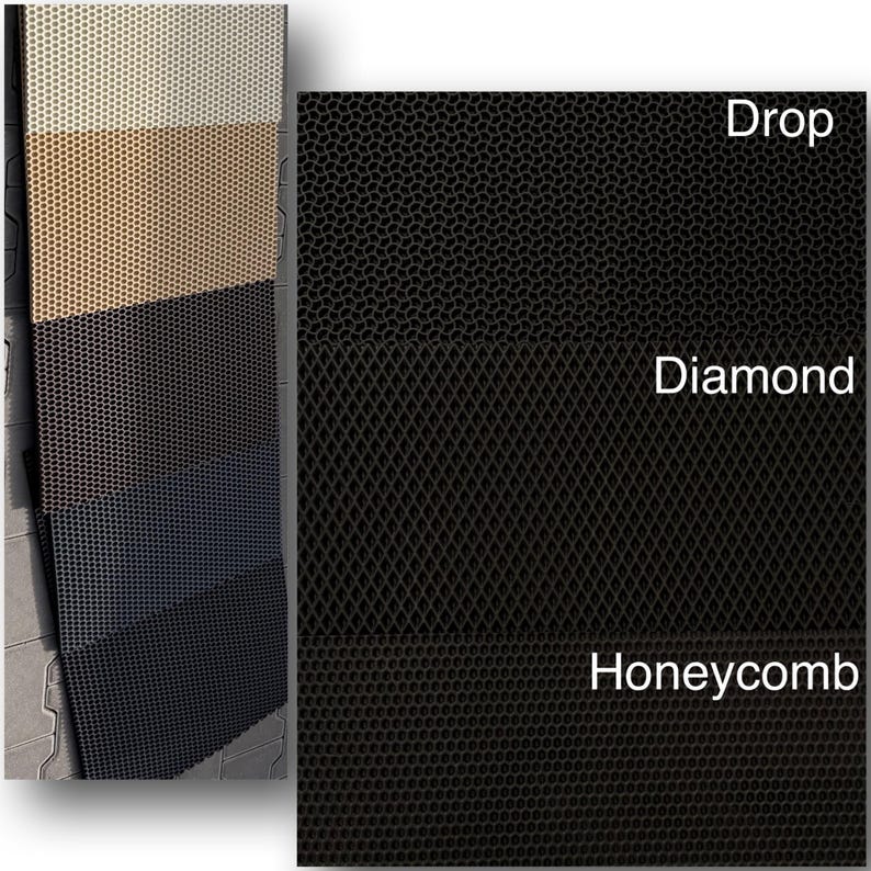 K&ouml;nnte beinhalten: Eine Darstellung von Fu&szlig;matten-Texturen mit drei verschiedenen schwarzen Mustern, beschriftet als Drop, Diamond und Honeycomb. Links zeigt ein vertikaler Stapel von Mattenmustern verschiedene Farben, darunter Beige, Hellbraun, Dunkelgrau und Schwarz.