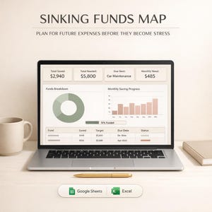 May include: A laptop displaying a "Sinking Funds Map" with financial data, including "Total Saved," "Total Needed," and a monthly savings progress chart. A gold pen, a mug, and a book are on the desk.