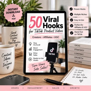 May include: A digital tablet displaying a document titled 50 Viral Hooks for TikTok Product Videos, featuring text about creators, affiliates, and UGC. The screen includes icons for engagement, sales, and growth, alongside a smartphone on a tripod.