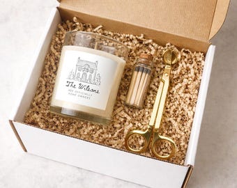 Personalized New Home Gift Box, Housewarming Candle Set, Custom Family Name Gift, Realtor Closing Gift, First Home Keepsake Kit