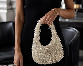 Handmade Pearl Beaded Bridal Handbag, White Beaded Purse, Luxury Satin Lined Mini Bag, Wedding Bag Boho Bridal Clutch, Beach Bridal Handbag