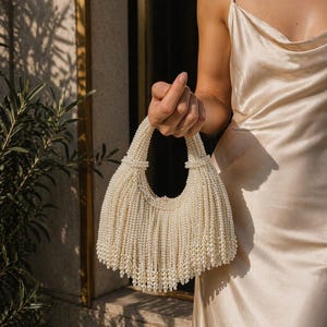 Handmade Pearl Beaded Evening Bag Ivory Mini Handbag Boho Bridal Purse 1960s Inspired Small Beaded Handbag Mother’s Day Gift image 1