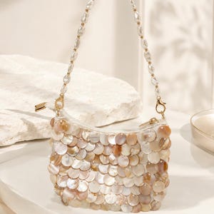 Handmade Luxury Natural Mother of Pearl Beaded Bag, Beaded Pearl Strap Purse, Real Shell Beaded Purse Beach Wedding Bag Bridal Clutch Gift image 3