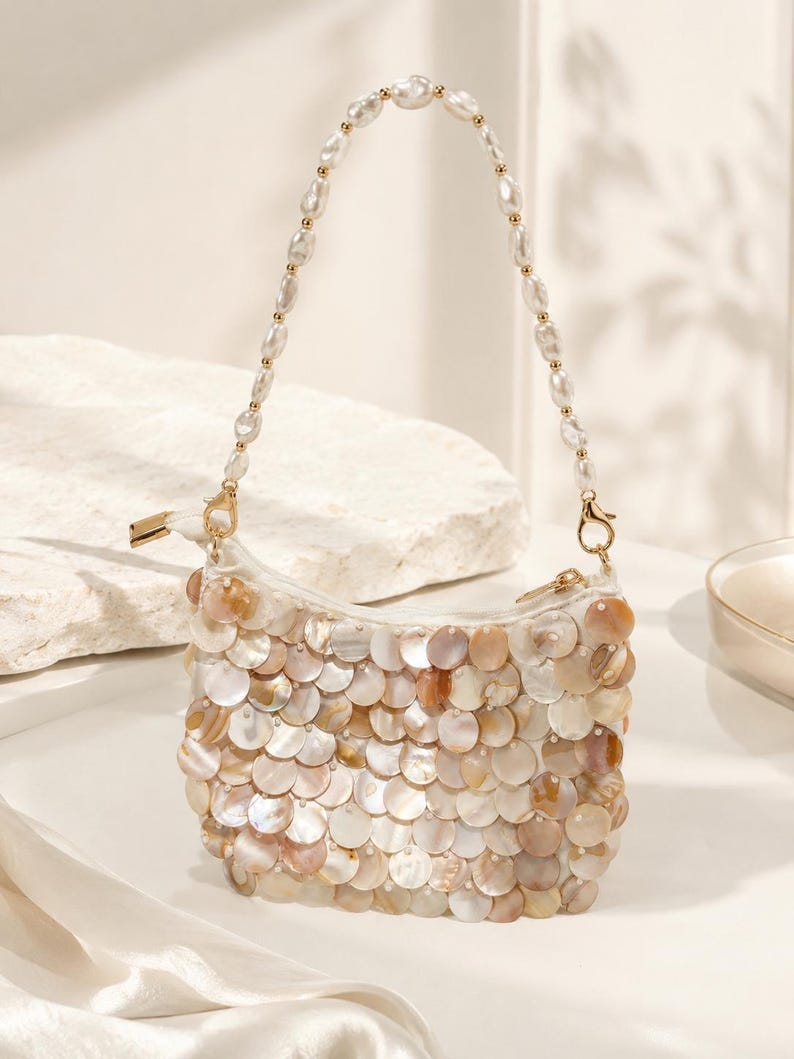 Handmade Luxury Natural Mother of Pearl Beaded Bag, Beaded Pearl Strap Purse, Real Shell Beaded Purse Beach Wedding Bag Bridal Clutch Gift image 3