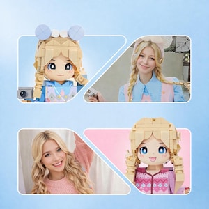 May include: A building block figure with blonde hair, blue eyes, and a light blue outfit, shown alongside a photograph of a person with blonde braided hair wearing a matching light blue shirt and a pink patterned vest over a light blue shirt.