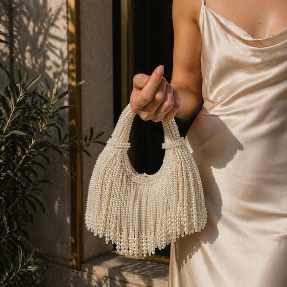 Handmade Pearl Beaded Evening Bag Ivory Mini Handbag Boho Bridal Purse 1960s Inspired Small Beaded Handbag Mother’s Day Gift
