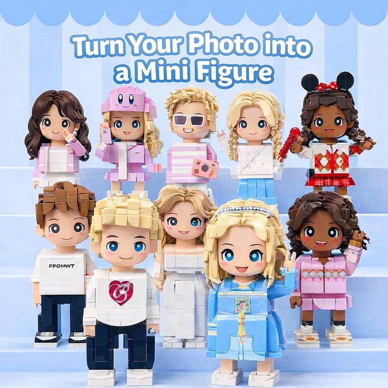May include: A collection of nine custom-built block-style mini figures with diverse hair colors, outfits, and expressions. The text "Turn Your Photo into a Mini Figure" is displayed at the top. Each figure is constructed from small plastic bricks.