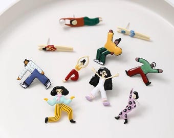 Hand Painted Funny Mismatched Enamel Character Dangle Earrings, 925 Sterling Silver Posts, Playful Statement Jewelry, WOW Earrings