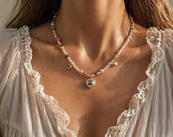 Handmade Cherry Heart Freshwater Pearl Necklace Cute Beaded Necklace Charm Necklace Dainty Coquette Jewelry Gift for Her Summer Jewelry