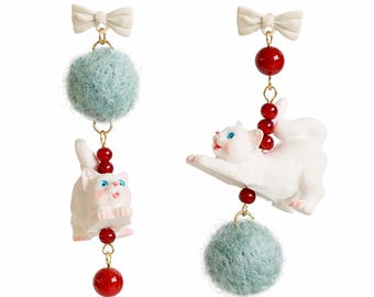 Handmade Mismatched Cat Earrings Funny Drop Earrings Cute Cat Stud Earrings Unique Mismatched Everyday Earrings Gift for Her Novelty Earring