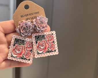 Rose Dangle Earrings, Oil Painting Style 3D Textured Floral Earrings, Enamel Acrylic Earrings, 925 Sterling Silver Post, Long Flower Earring