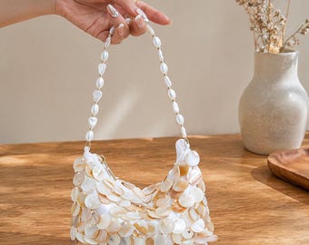 Handmade Natural Shell Beaded Bag Pearl Shoulder Bag Mother of Pearl Purse Beach Wedding Bag Bridal Clutch Gift for Her