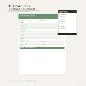 Puede incluir: Un planificador de presupuesto imprimible titulado "The Paycheck Budget Planner". El diseño presenta una combinación de colores verde y blanco con secciones para rastrear ingresos, gastos fijos y variables. Incluye un rastreador de presupuesto mensual y herramientas financieras.