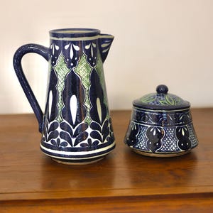 Vintage Mexican Mayólica Pitcher & Sugar Bowl Set Hand-Painted Talavera Style 1990s Blue and Green Ceramic
