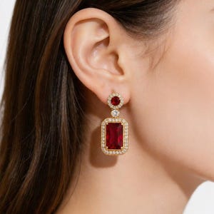 Ruby Earrings - 3.2cm Square Red Gemstone Studs | Titanium Steel Minimalist Jewelry Gift for Her