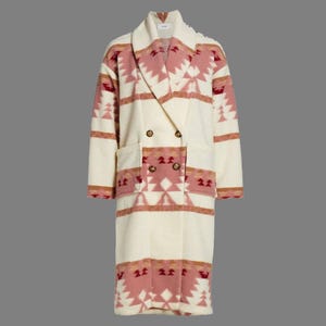 May include: A long, double-breasted coat featuring a cream base with a geometric pattern in shades of dusty rose and muted brown. The coat has a wide lapel, long sleeves, two front pockets, and four gold-toned buttons arranged in a square formation.