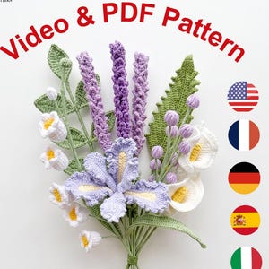Crochet Lavender Bouquet Pattern PDF, Video Tutorial, Iris, Calla Lily, Beginner Friendly (8 Flowers)