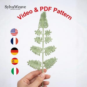 かぎ針編みのシダの葉のパターン（PDFチュートリアル）、初心者向けDIYブーケ用植物装飾