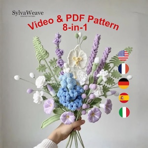 8-i-1 virkad blombukett mönster PDF med video, hyacint, nattfjäril, lavendel, amigurumiblomma, bröllopsblomma, alla hjärtans dag