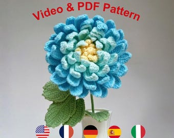 Dahlia Crochet Flower Pattern (PDF+ Video Tutorial ), Realistic Flower Handmade| DIY Present| Gift for her| Floral Arrangement| Thanksgiving