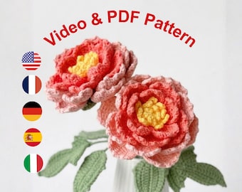 Patrón de flor de peonía a crochet en PDF con videotutorial, ramo romántico hecho a mano.