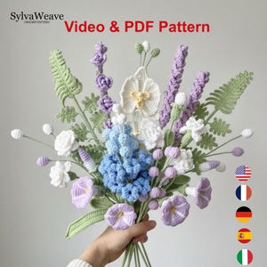 May include: A handmade crochet bouquet featuring various flowers in shades of white, blue, purple, and green. The bouquet includes roses, morning glories, and other floral designs. The text "Video & PDF Pattern" is visible.