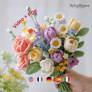May include: A crochet flower bouquet featuring peach roses, purple and yellow tulips, white daisies, and small blue and purple filler flowers with green leaves. The text SylvaWeave Crochet Pattern and Video + PDF are visible.
