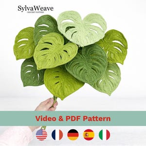 Patrón de ganchillo de hoja de monstera en PDF con videotutorial, decoración vegetal DIY para principiantes.